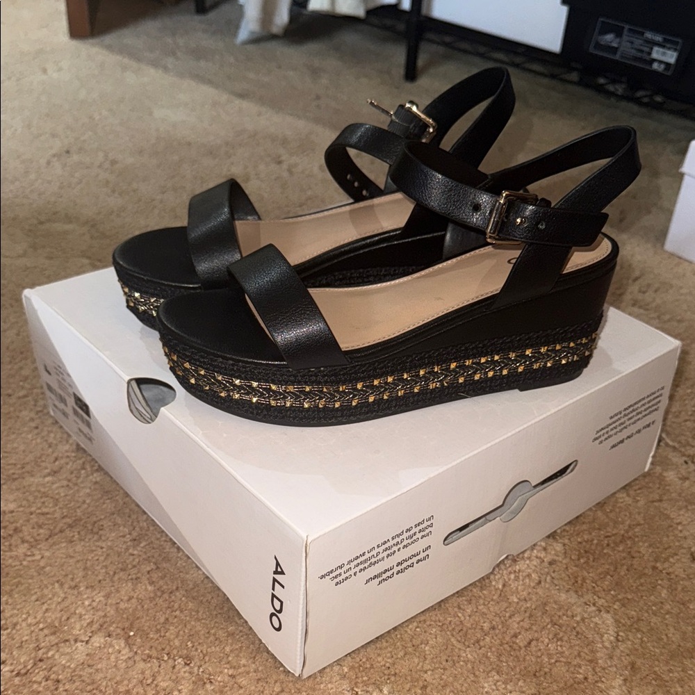 Aldo Black and Gold Platform Sandals